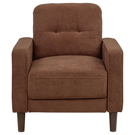 Side perspective Bowen II rust fabric loveseat