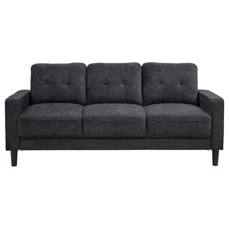 Detail of fabric upholstery on Bowen II steel grey sofa
