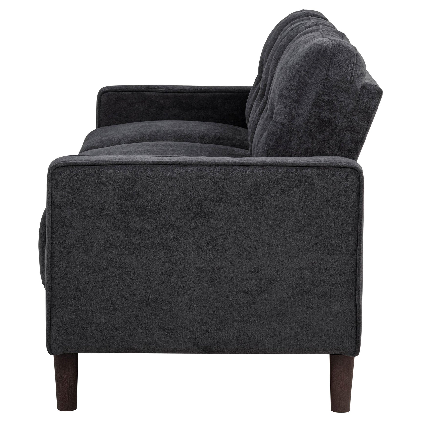 Bowen II sofa angled front view with steel grey fabric