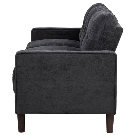 Bowen II sofa angled front view with steel grey fabric