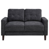 Side angle of Bowen II loveseat showing track arm and tapered legs