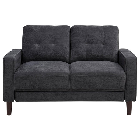 Side angle of Bowen II loveseat showing track arm and tapered legs