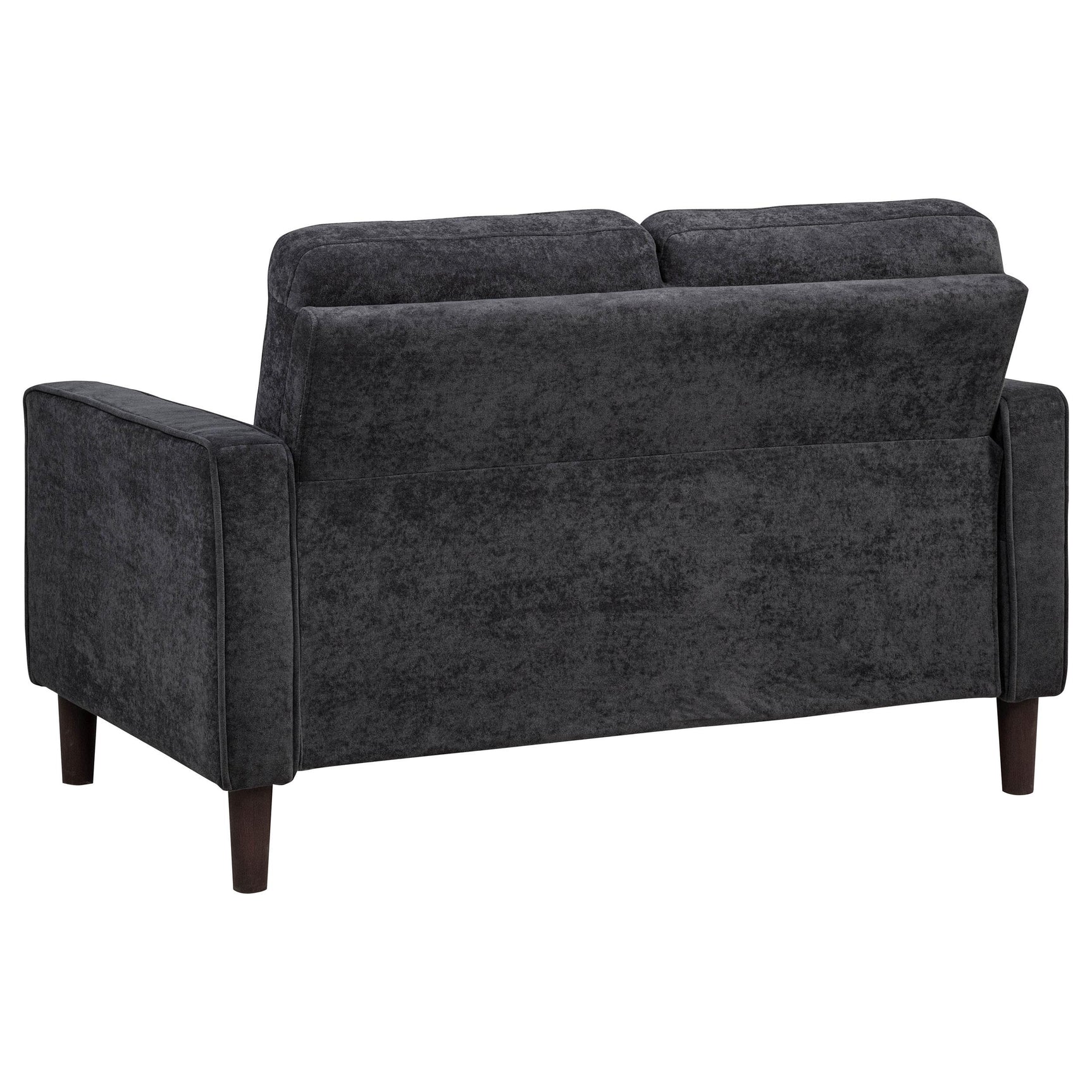 Bowen II steel grey fabric upholstered loveseat with track arms, front view