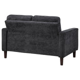 Bowen II steel grey fabric upholstered loveseat with track arms, front view