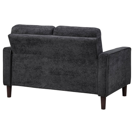 Bowen II steel grey fabric upholstered loveseat with track arms, front view