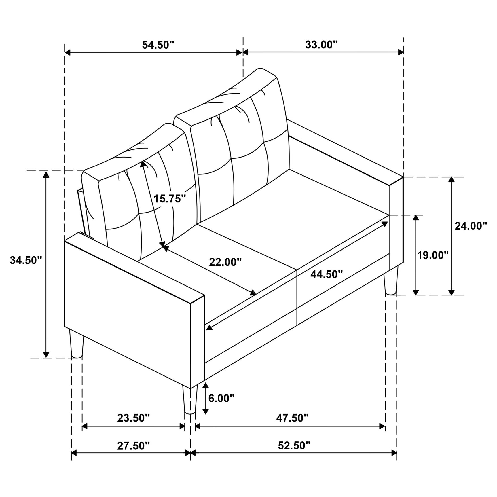 Bowen II steel grey fabric upholstered loveseat with track arms, front view