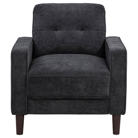 Bowen II steel grey fabric chair side view showing tapered legs