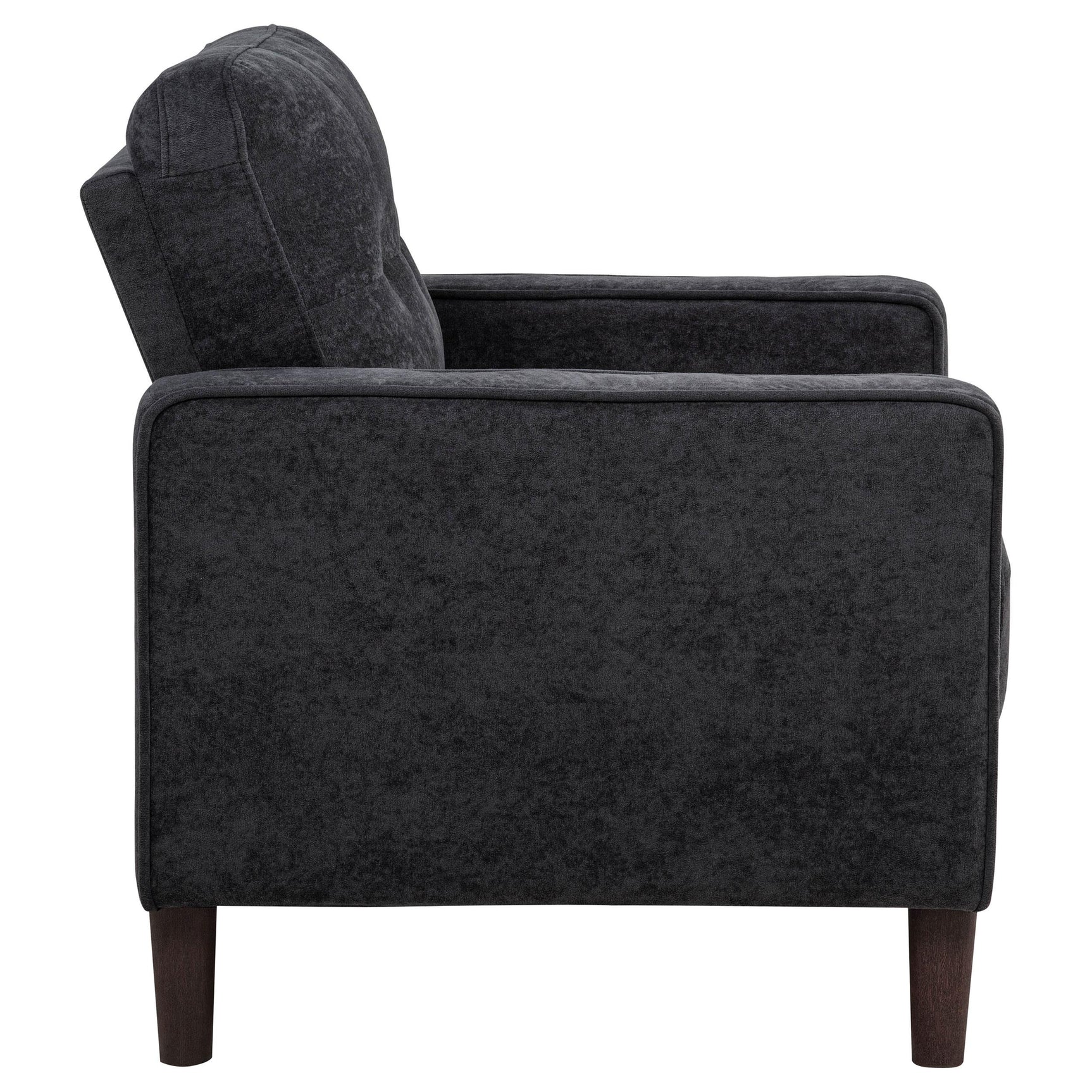 Side angle of Bowen II accent chair highlighting slim track arms