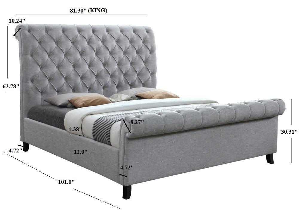 Kate Gray angled view of grey fabric upholstered sleigh bed showcasing adjustable height