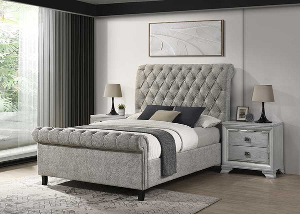 Kate king size light gray upholstered tufted platform bed front view