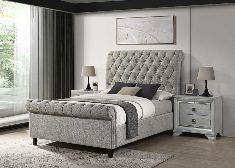 Kate light gray upholstered tufted platform queen bed front angle
