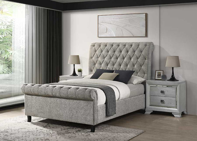 Kate light gray upholstered tufted platform queen bed front angle