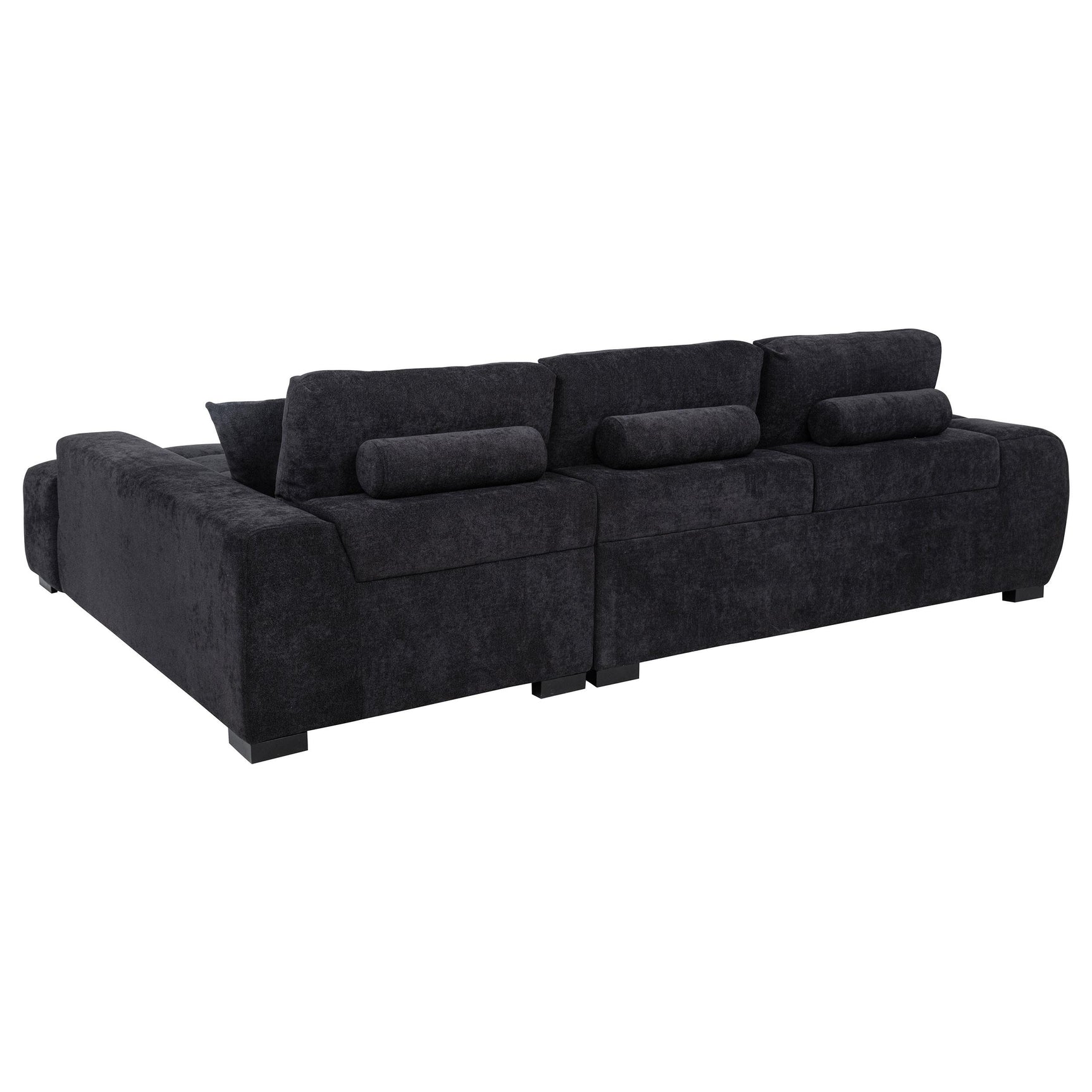 Close-up of Octavia sectional sofa black fabric upholstery and track arm
