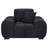 Side view of Octavia black fabric upholstered accent chair showing curve
