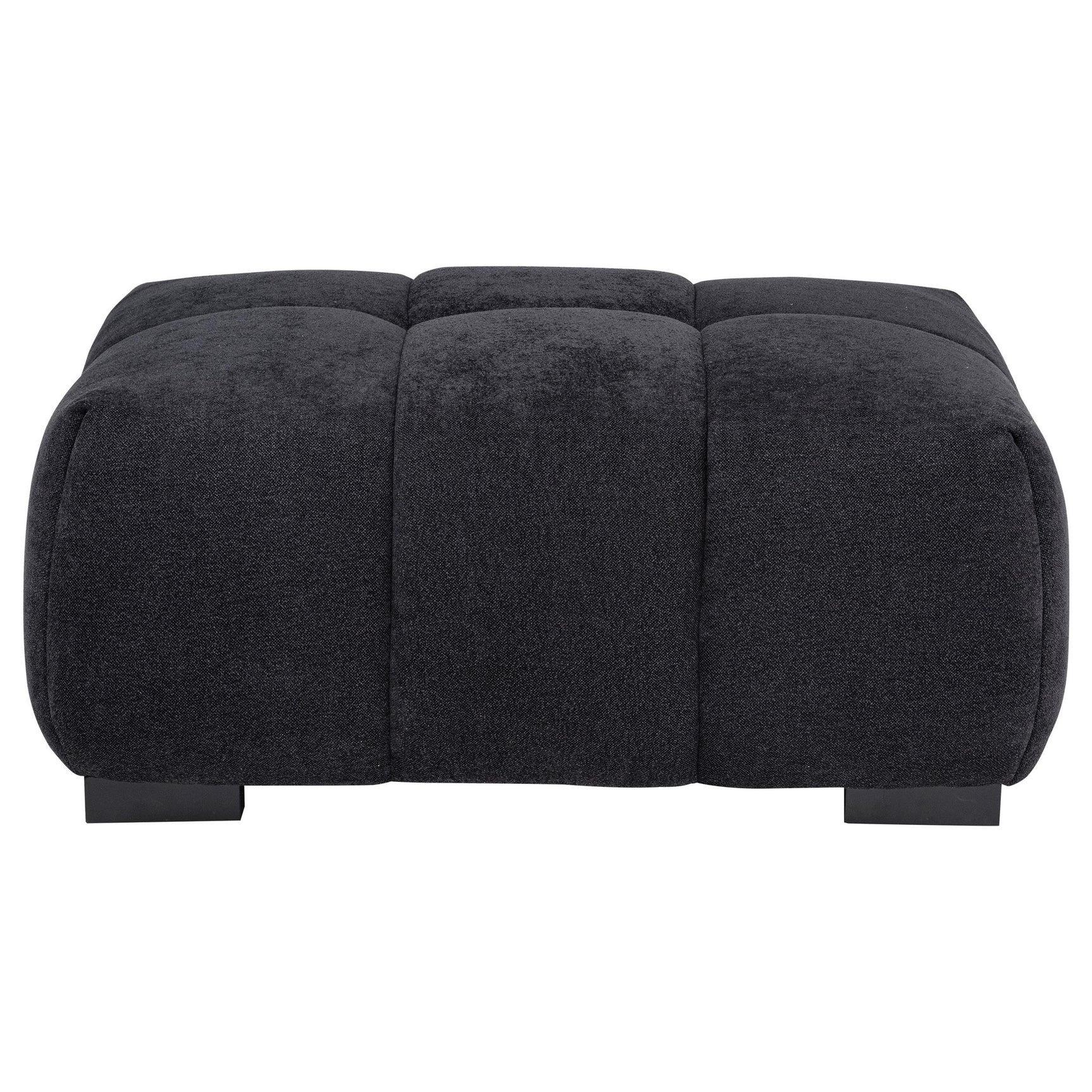 Side view of Octavia rectangular ottoman with black fabric upholstery