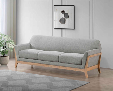 Side view of Vaughn grey fabric sofa with flared arms