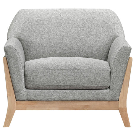 Back angle of Vaughn grey fabric upholstered accent chair