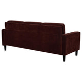 Close-up of rust red fabric texture on Ruth Sofa