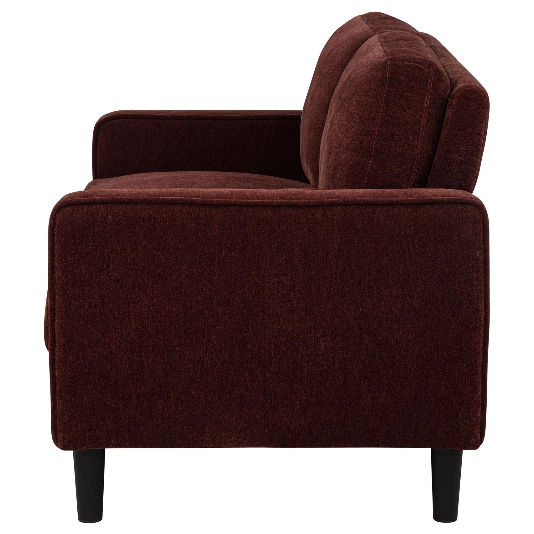 Angled view of Ruth loveseat highlighting angled legs