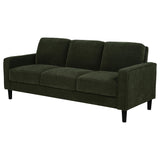 Detail of fabric and track arm on Ruth 77-inch sofa in matcha green
