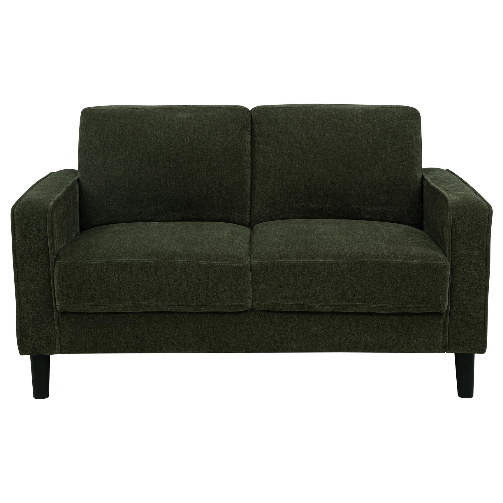Side view of Ruth fabric upholstered loveseat in matcha green