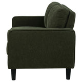 View of angled plastic legs beneath Ruth loveseat
