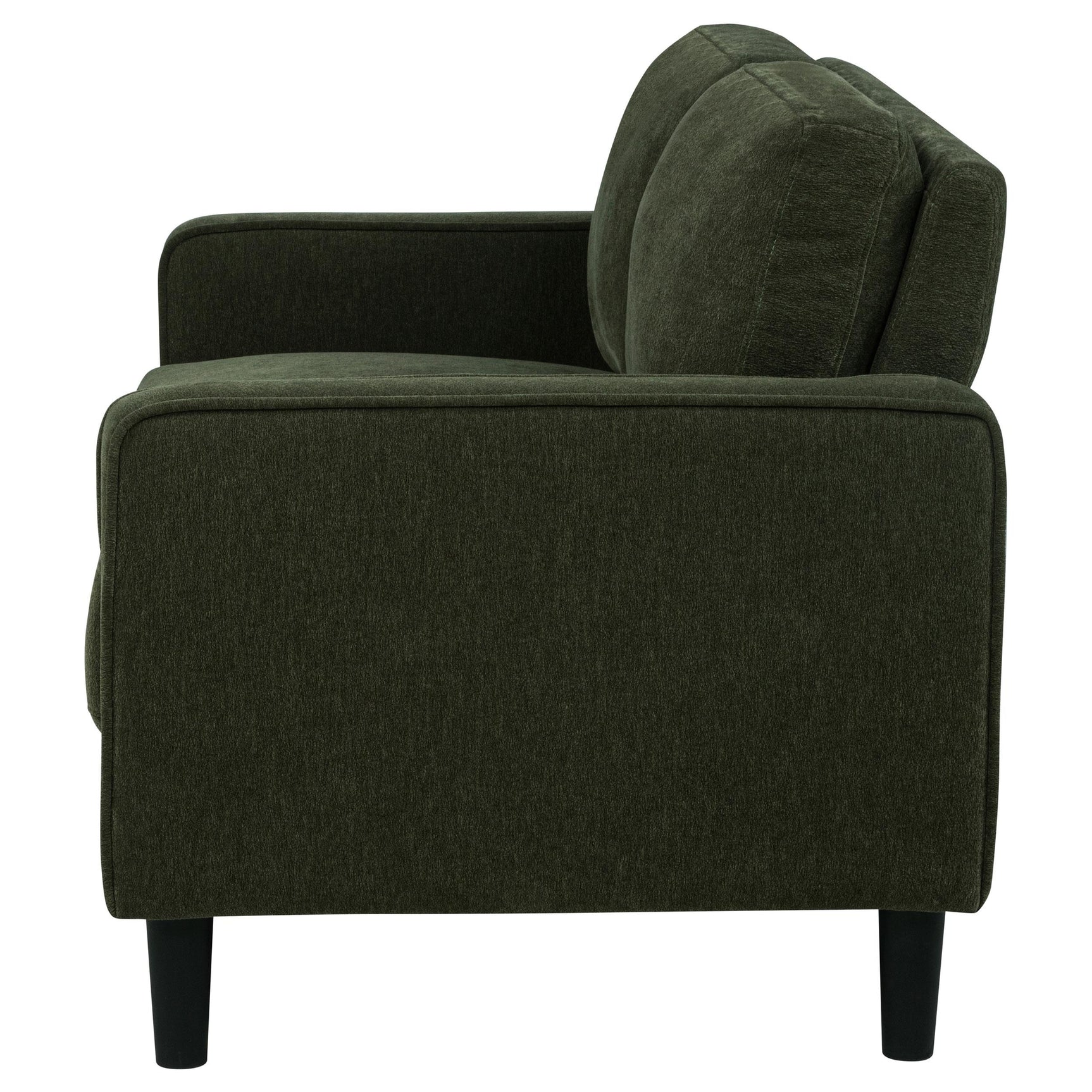 View of angled plastic legs beneath Ruth loveseat
