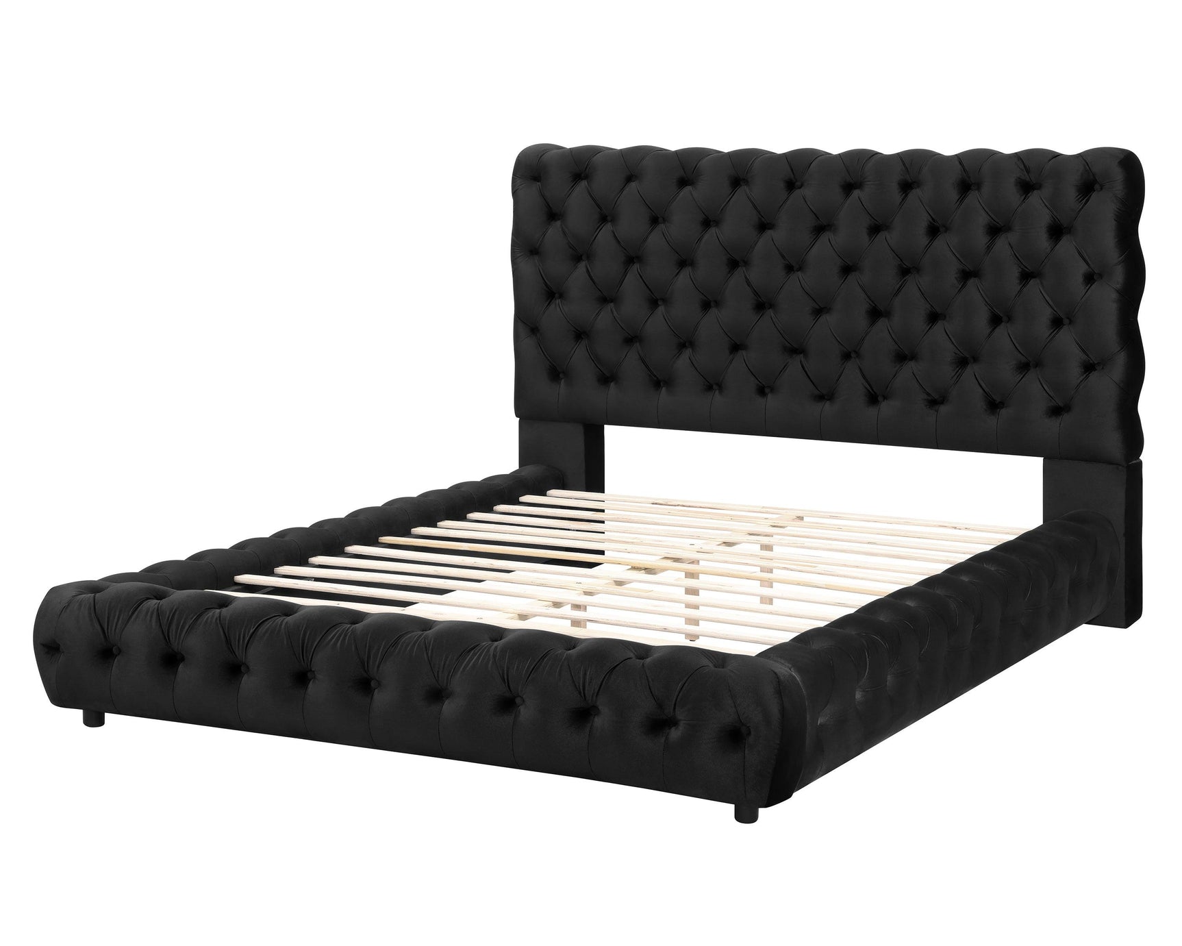 Flory Black Velvet Tufted Upholstered Queen Platform Bed side profile
