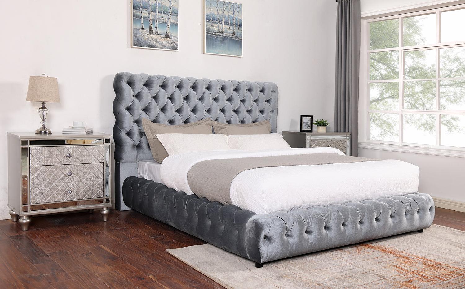Flory Gray Upholstered Velvet Tufted King Platform Bed side view