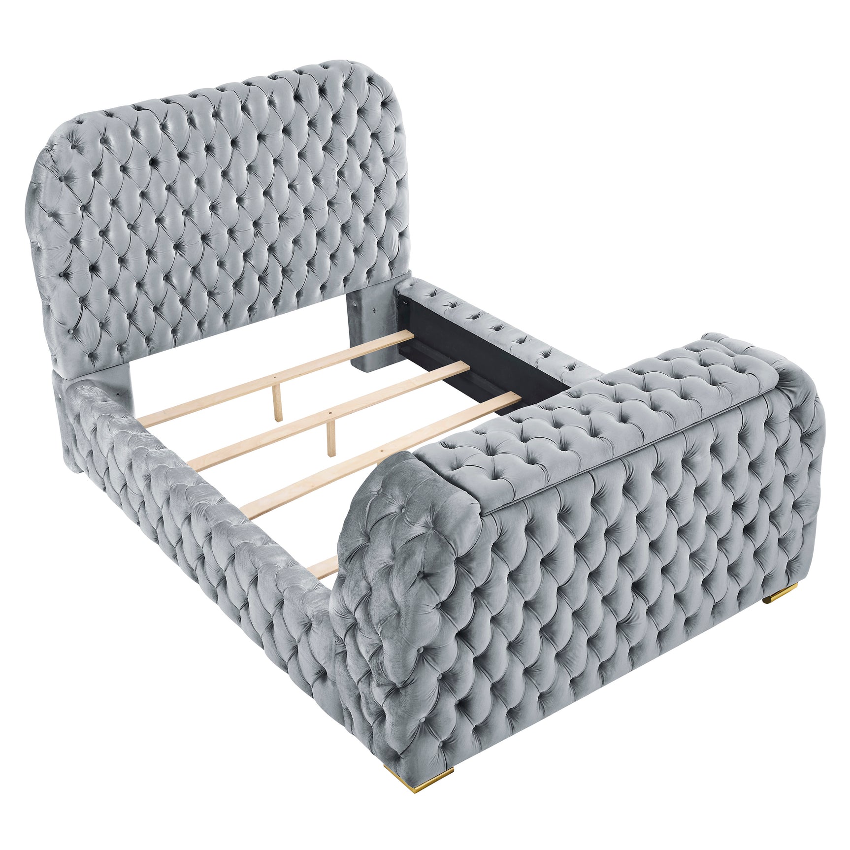 Side view of Natalia bed legs and rails in gray finish
