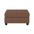 Chocolate fabric upholstered tufted storage ottoman, angled front view