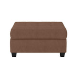 Chocolate fabric upholstered tufted storage ottoman, angled front view