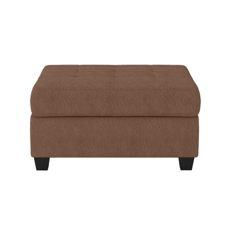 Chocolate fabric upholstered tufted storage ottoman, angled front view