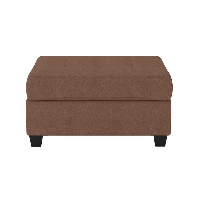 Chocolate fabric upholstered tufted storage ottoman, angled front view