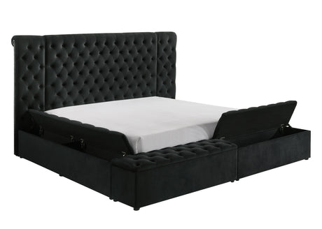 Detail of black fabric upholstery on headboard