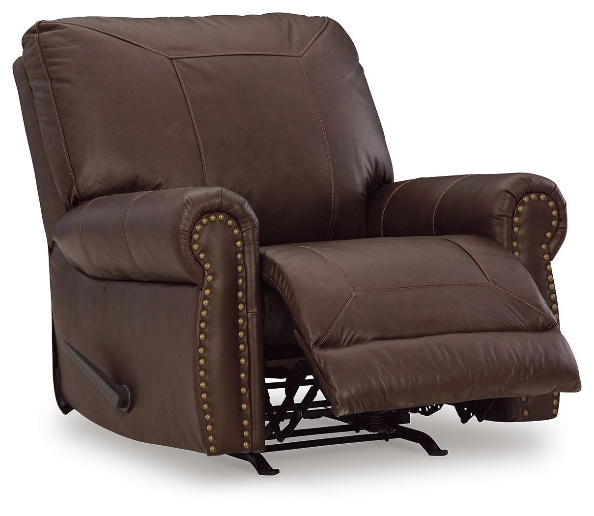 Colleton Dark Brown Leather Recliner reclining position