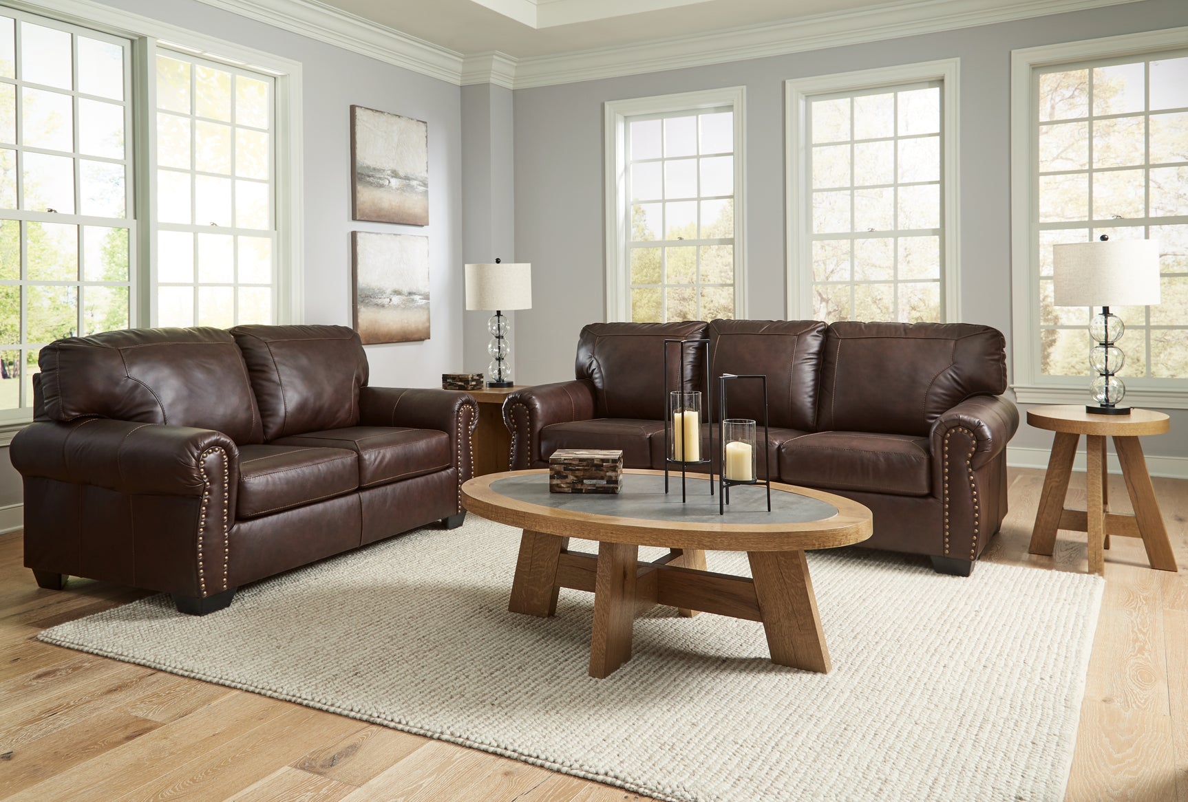 Colleton dark brown sofa and loveseat front angle