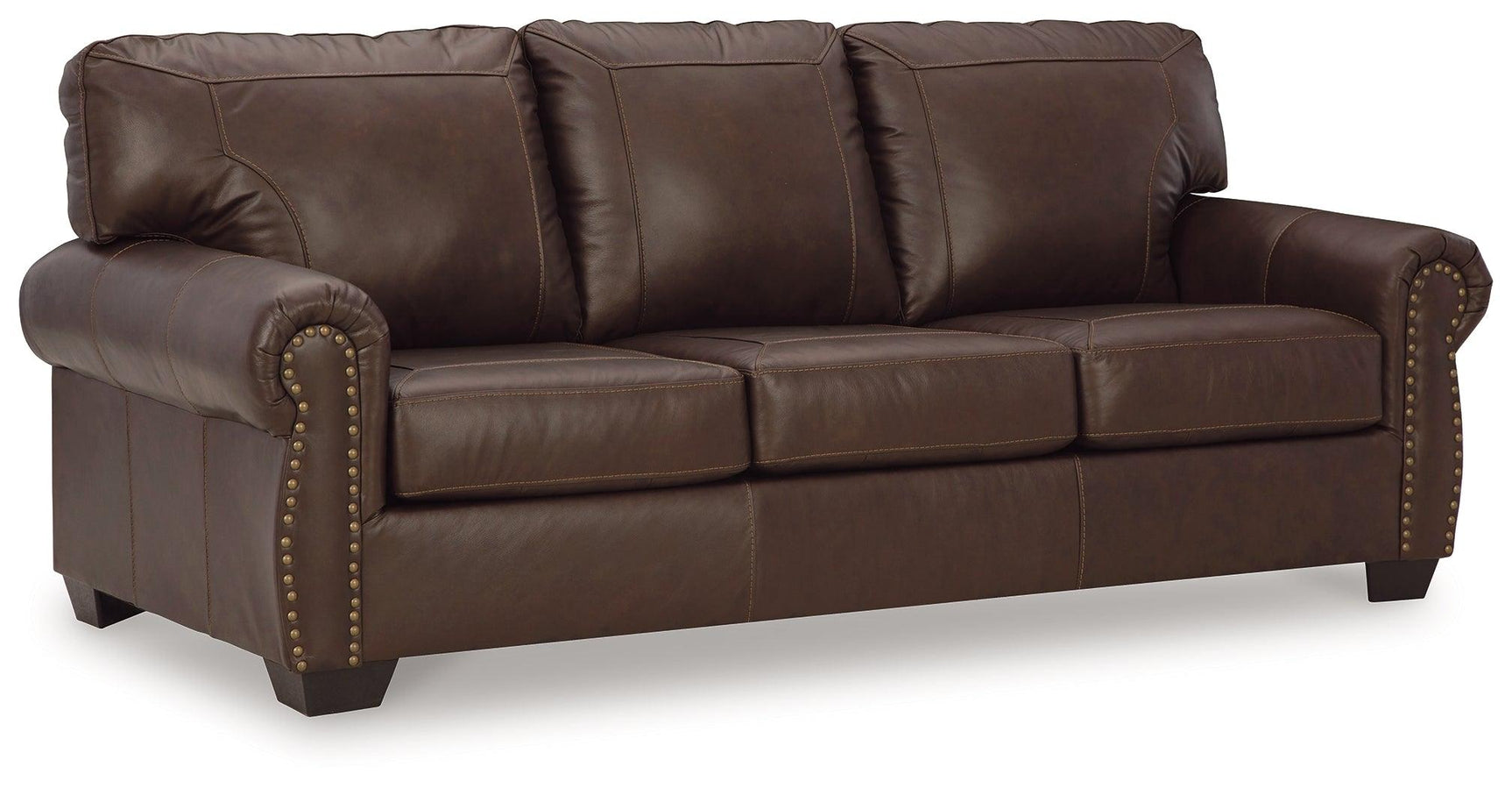 Close-up detail of nailhead accents on Colleton Dark Brown Leather Sofa