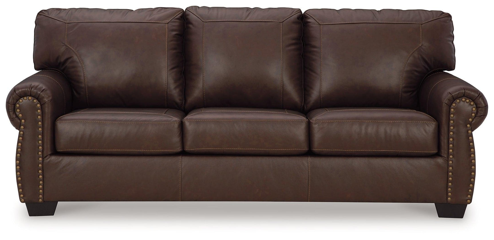 Colleton Dark Brown Leather Sofa side view showing armrest and nailhead trim