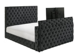 Close up of tufted black upholstery on headboard
