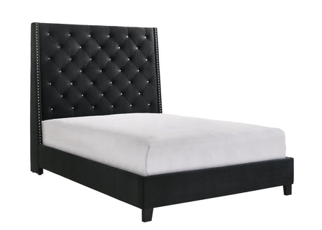 Chantilly Black Velvet Upholstered Tufted Queen Bed - angled side view