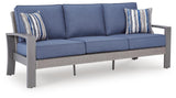 Half Blue/Gray Moon Beach Outdoor Sofa with 2 Lounge Chairs — angled view