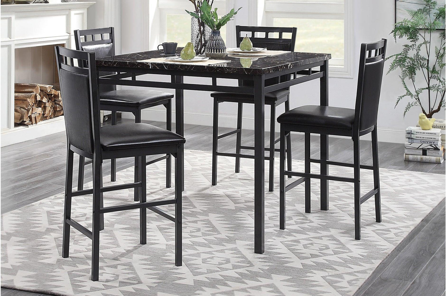 main view of Olney square dining room set with black metal base and faux marble top