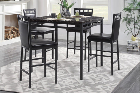 main view of Olney square dining room set with black metal base and faux marble top