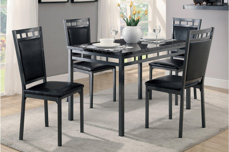 Front view of Olney black faux leather dining chair and faux marble rectangular table