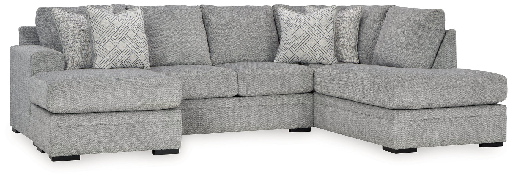 Side angle view of Casselbury Cement Velvet sectional sofa with chaise