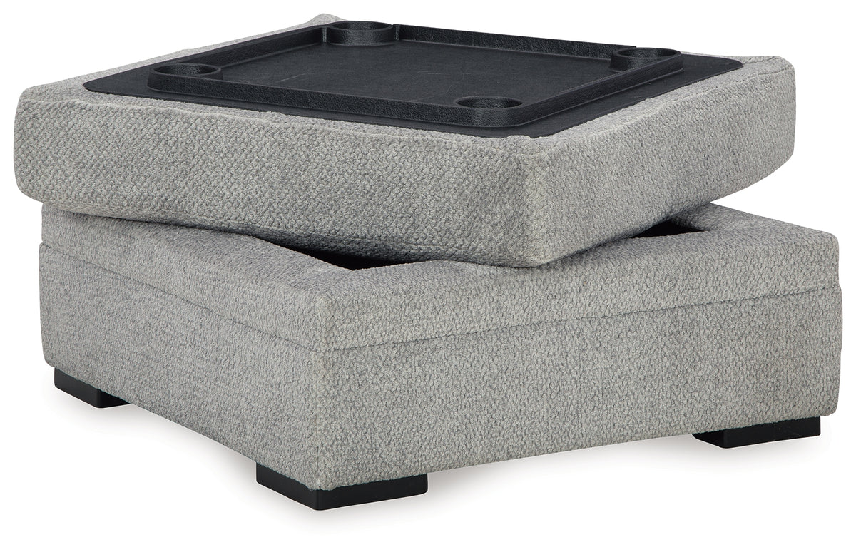 Detailed view of sectional sofa's fabric and cushions