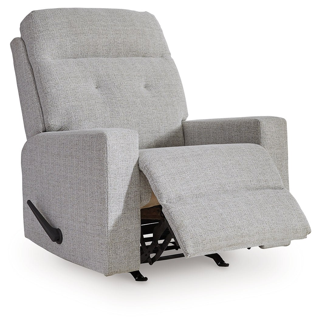 Skillins Stone Performance Fabric Recliner in reclined position