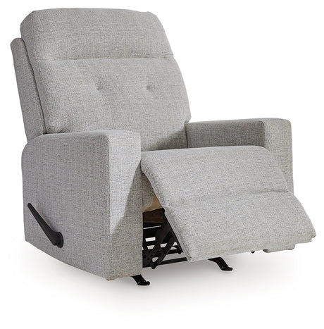 Skillins Stone Performance Fabric Recliner in reclined position