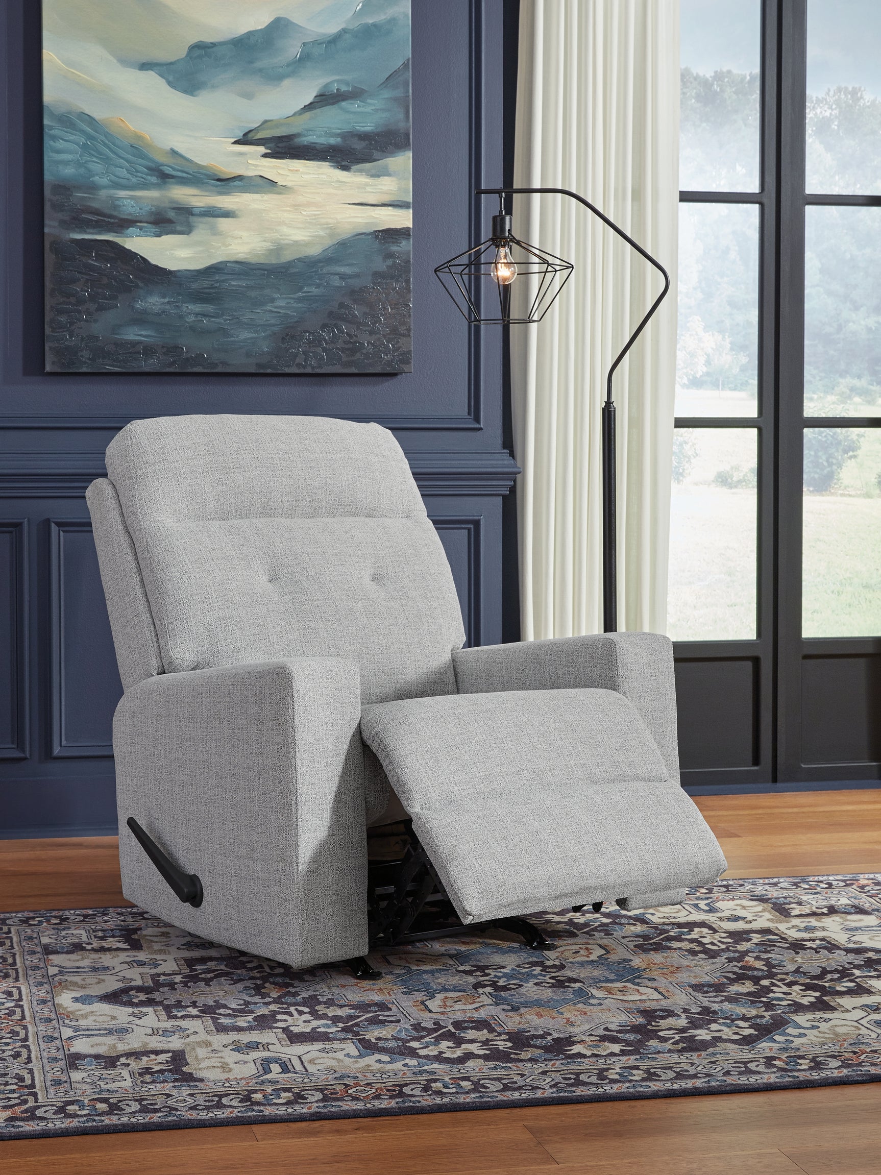 Skillins Stone Performance Fabric Recliner fully reclined